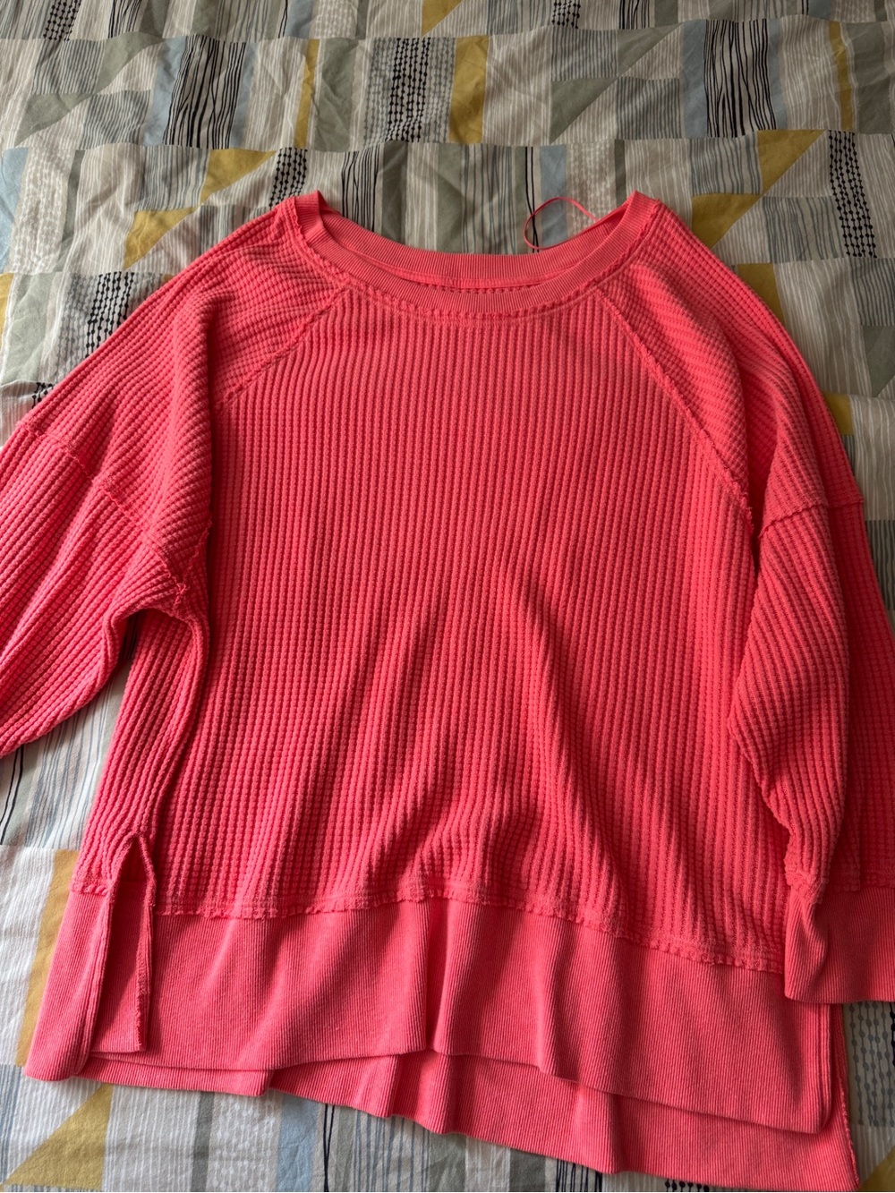 American Eagle Outfitters Bright Coral Waffle-Knit Pullover